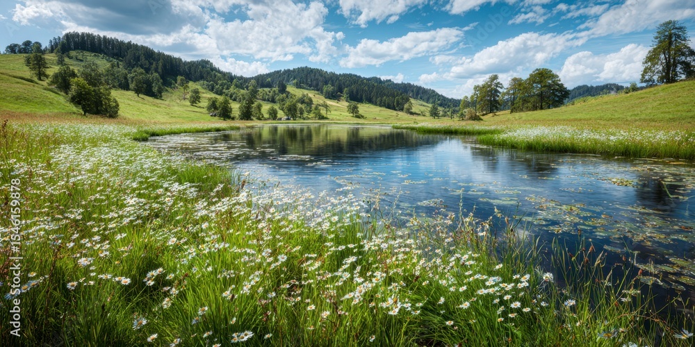 Lake Landscape with Wildflower and Green Hill Lake Landscape with Wildflower and Green Hill