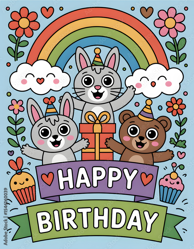 Fototapeta premium A delightful birthday scene with adorable animals, rainbows, and cupcakes.