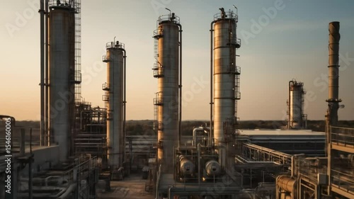 Industrial oil refinery with tall towers at sunset  