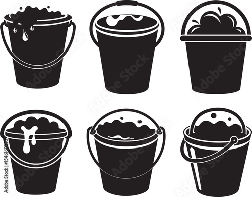 set of bucket filled with water silhouette, black and white silhouette, vector and illustration