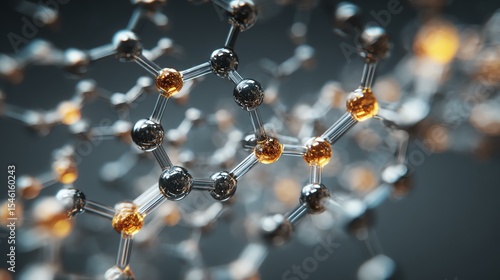 Close-up of molecular structure with glowing atoms.