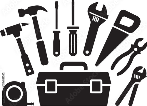 Black And White Toolbox Icon Set Including Hammers Screwdrivers Wrench Saw Pliers Tape Measure tools 1