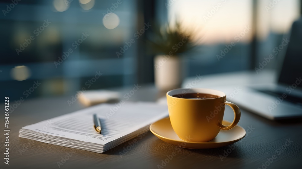 A Bright Yellow Cup Offers Warmth on a Desk with Business Documents and a Pen in a Serene Office Setting Promoting Focus and a Productive Day Ahead A Bright Yellow Cup Offers Warmth on a Desk with Business Documents and a Pen in a Serene Office Setting Promoting Focus and a Productive Day Ahead