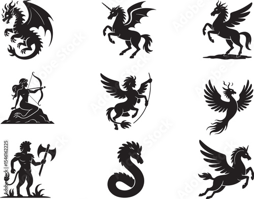 Nine Black Silhouettes Mythological Creatures Dragon Unicorn Pegasus Centaur Siren Minotaur Hydra Griffin 1