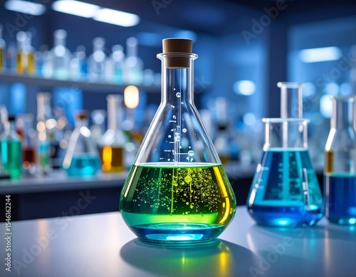 A laboratory beaker bubbling with a vibrant, non-toxic liquid, surrounded by generic scientific equipment.