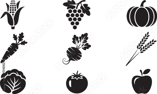 Nine Black Silhouettes of Farm Fresh Produce Including Corn Grapes Pumpkin Carrot Beet Wheat Cabbage Tomato Apple 1