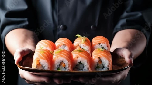 Masterful sushi chef serving freshly prepared rolls.
