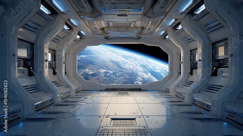 Fototapeta Naklejka Na Ścianę i Meble -  A spaceship interior with blue earth view through window .