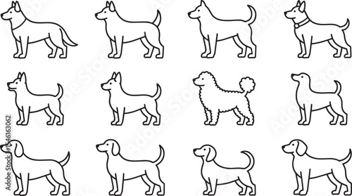 Twelve Dog Breed Line Art Illustrations Black White Canine Profiles Side View Simple Minimalist Pet Icons