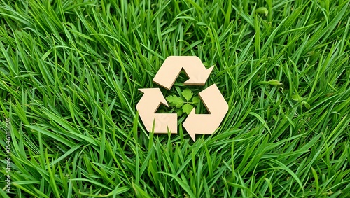 Beige recycle symbol in vibrant green grass, environmental concept