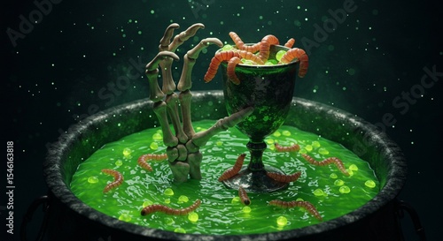 Spooky halloween skeleton hand in green potion cauldron with worms 3d art fun dark magic weird eerie