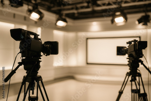 Wallpaper Mural Bright television studio interior with two professional video cameras on tripods under studio lights before recording Torontodigital.ca