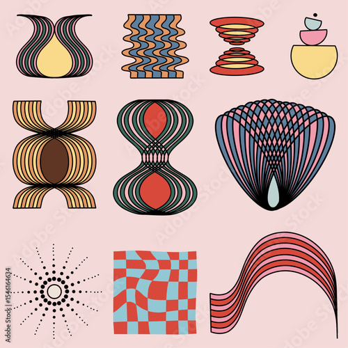Abstract minimal element mid century vector set. Contemporary Retro Midcentury Inspired Aesthetic Stripe Wavy Line Art, Colorful Geometric Minimalistic Shapes