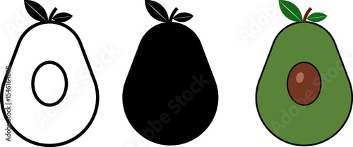 avocado icon set. tropical healthy nutrition. health food exotic. nutritious natural food and avocado slices 
