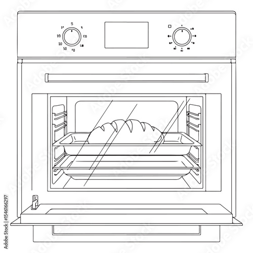 Line Drawing Oven Baking Loaf Bread Baking Tray vector