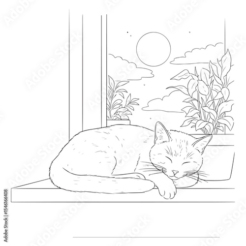 Sleeping Cat on Windowsill Night Scene Line Art moon