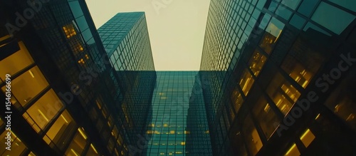 Modern glass skyscrapers define the urban skyline at night, reflecting the vibrant city lights