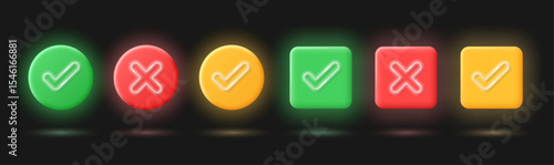 Realistic check mark and cross icons of round and square shapes in 3D style with neon elements isolated on black background. Vector illustration.