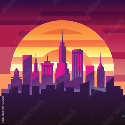 City skyline with buildings at night and sunset in a modern urban silhouette style
