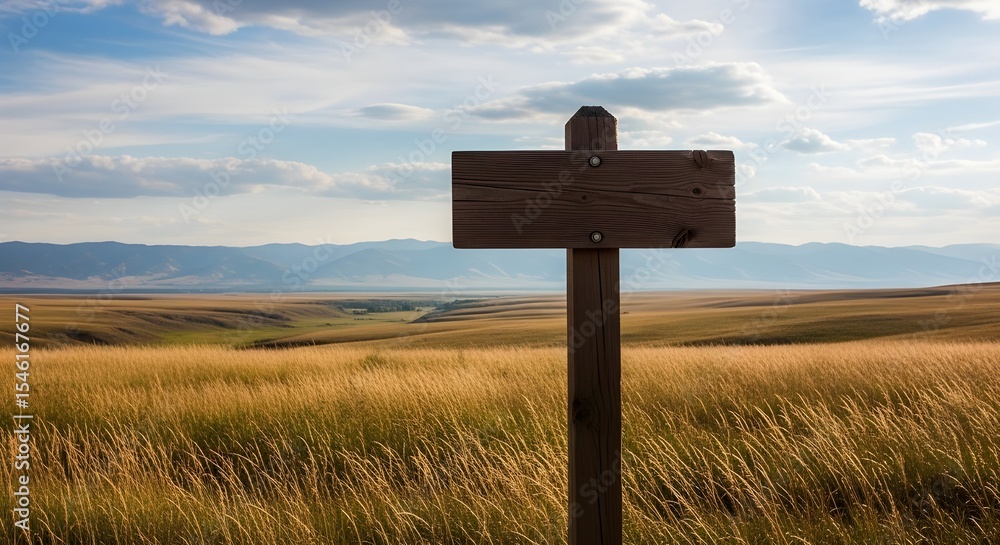 Blank brown Wooden Signpost on a Prairie Mountain Landscape Blank brown Wooden Signpost on a Prairie Mountain Landscape