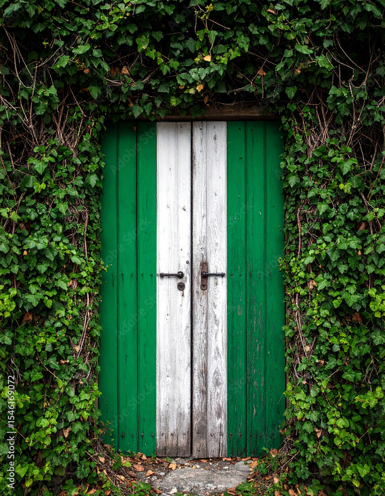 Nigerian national flag painted on an old weathered wooden door surrounded by creeping green vines. Nigerian national flag painted on an old weathered wooden door surrounded by creeping green vines.