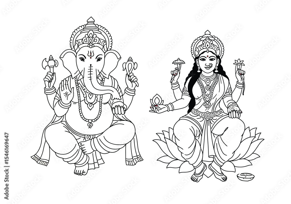 Ganesh and laxmi drawing. It is a detailed black and white line art sketch of Lord Ganesha and Goddess Lakshmi, symbolizing prosperity and wisdom. Vector sketch line art draw. Ganesh and laxmi drawing. It is a detailed black and white line art sketch of Lord Ganesha and Goddess Lakshmi, symbolizing prosperity and wisdom. Vector sketch line art draw.