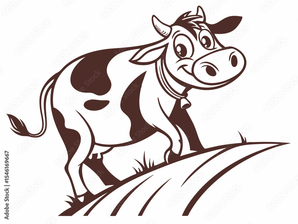 Fototapeta premium Brown Cartoon Cow on Hillside V E C T O R Logo Illustration vector