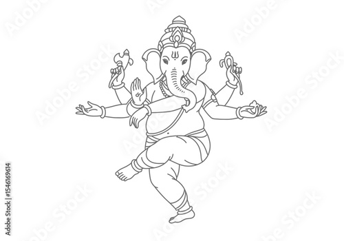 Dancing ganesha drawing. It is a detailed black and white line art sketch of Ganesha in a dynamic dancing pose, symbolizing joy and divinity. Vector sketch line art draw.