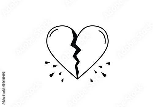 Breaking heart drawing. It is a stark black and white line art sketch of a heart visibly broken, conveying intense sadness and loss. Vector sketch line art draw.