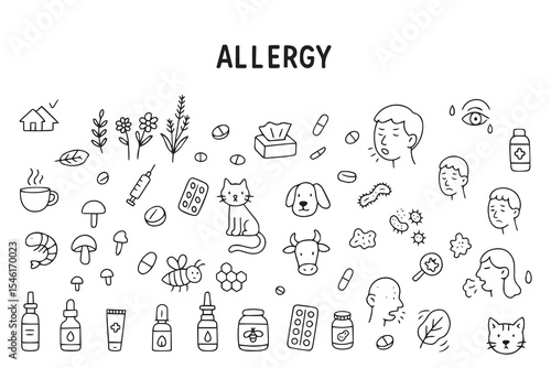 Set of allergy icons in doodle style. Hand drawn doodle version. Vector illustration