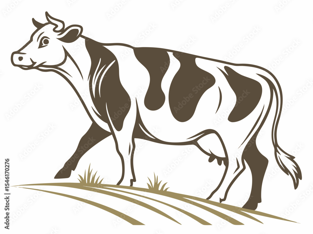 Fototapeta premium Brown and White Cow Walking on a Hillside V E C T O R Logo Illustration vector