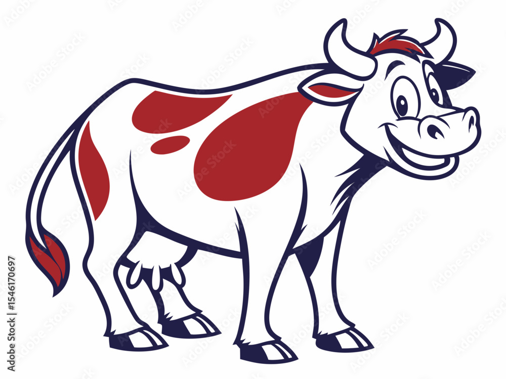 Fototapeta premium Happy Cartoon Cow with Red Spots on White Background V E C T O R vector illustration