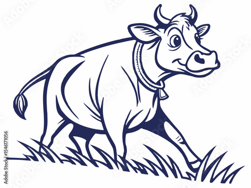 Friendly Cartoon Cow Walking in Grass Vector Illustration Dark Blue Outline on White Background graphic