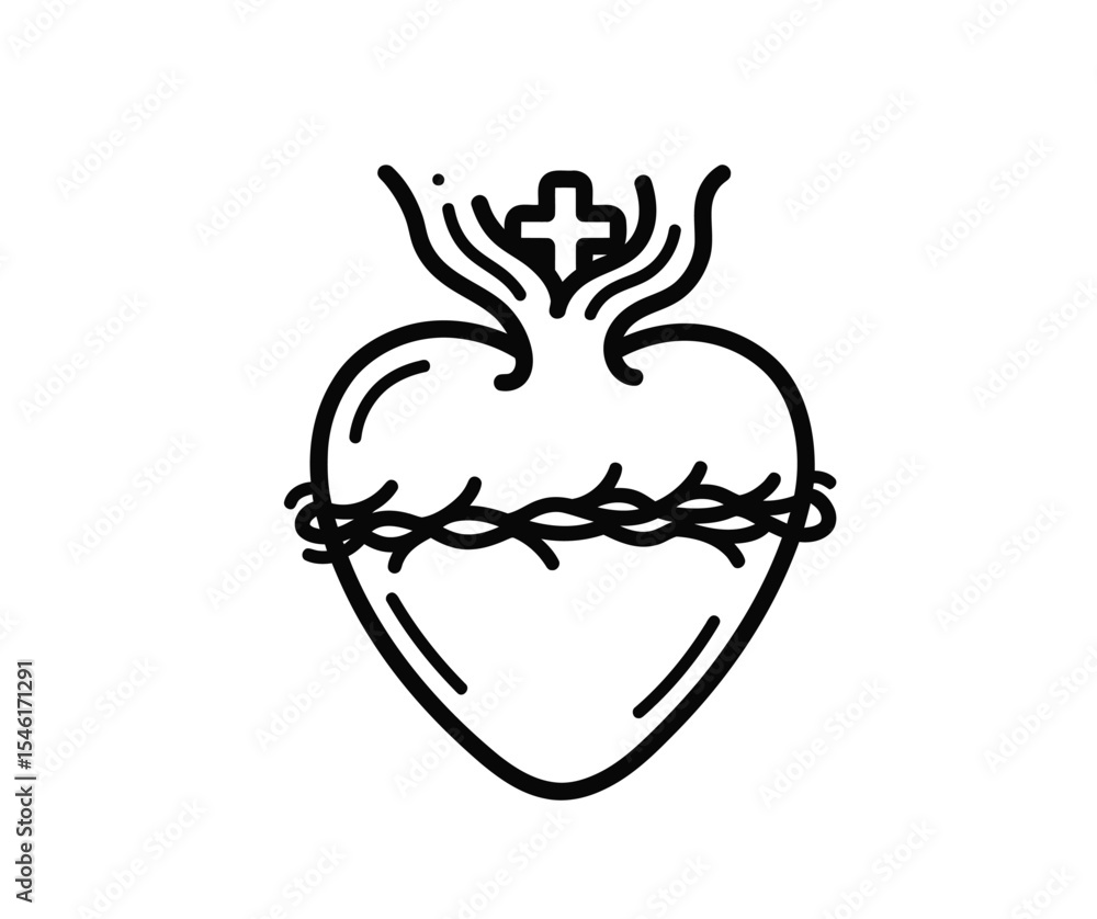 Obraz premium Jesus heart drawing. It is a powerful black and white line art sketch of the Sacred Heart of Jesus with a crown of thorns. Vector sketch line art draw.