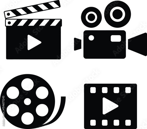 Filmmaking Icons Clapperboard, Camera, Film Reel, and Movie Strip -  Video Production Symbols