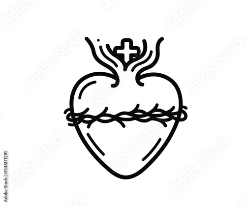 Jesus heart drawing. It is a powerful black and white line art sketch of the Sacred Heart of Jesus with a crown of thorns. Vector sketch line art draw.