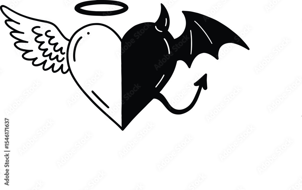 Fototapeta premium Angel devil heart drawing. It is a striking black and white line art piece featuring a heart split between angelic and devilish attributes. Vector sketch line art draw.