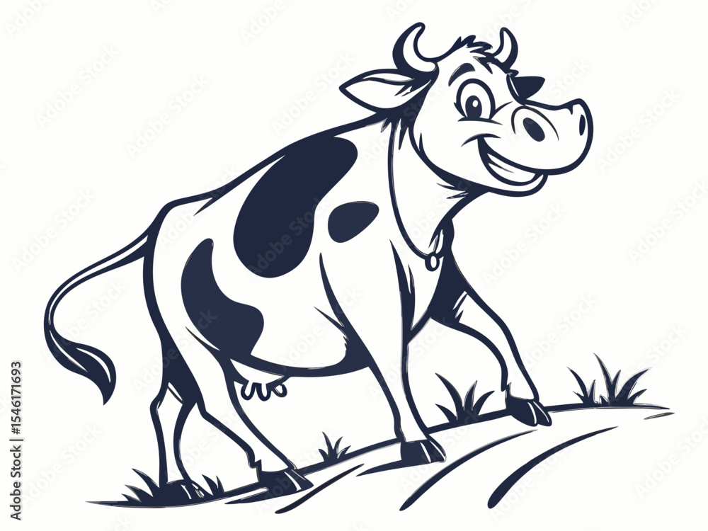 Obraz premium Happy Cartoon Cow with Dark Blue Spots on White Background V E C T O R Logo Illustration vector