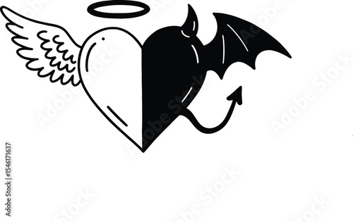 Angel devil heart drawing. It is a striking black and white line art piece featuring a heart split between angelic and devilish attributes. Vector sketch line art draw.