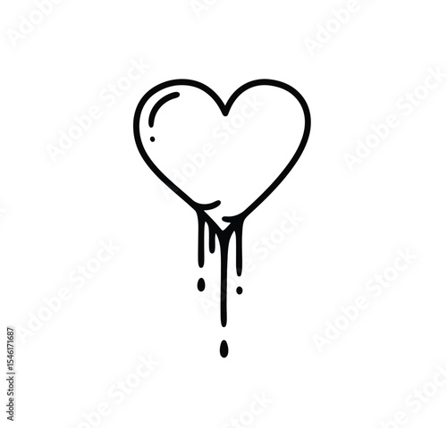 Blood heart drawing. It is a striking black and white line art sketch of a heart with symbolic blood dripping, conveying emotion and pain. Vector sketch line art draw.