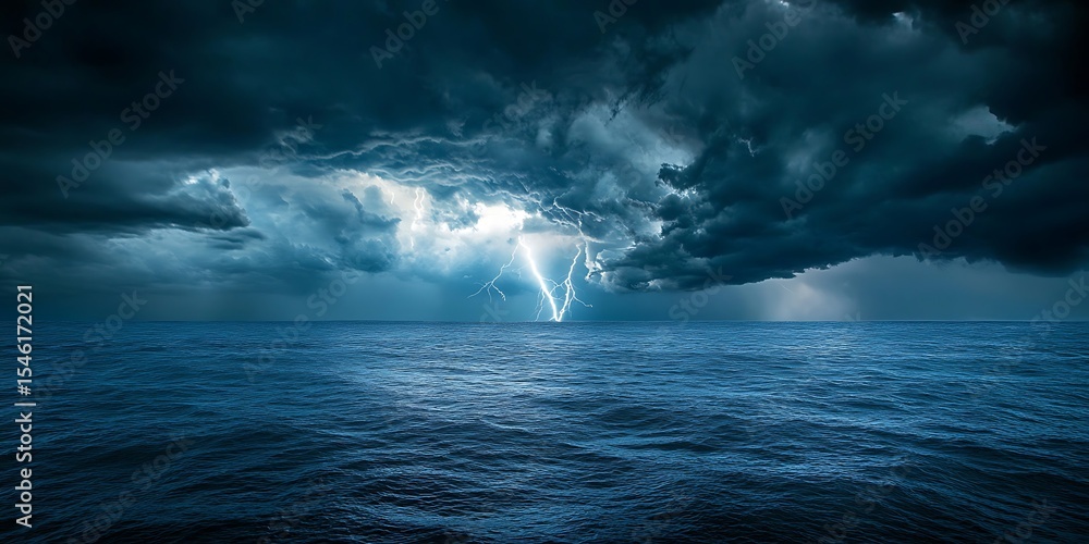 Fototapeta premium Dramatic Lightning Storm over Ocean Dark Clouds Night Sky Intense Weather
