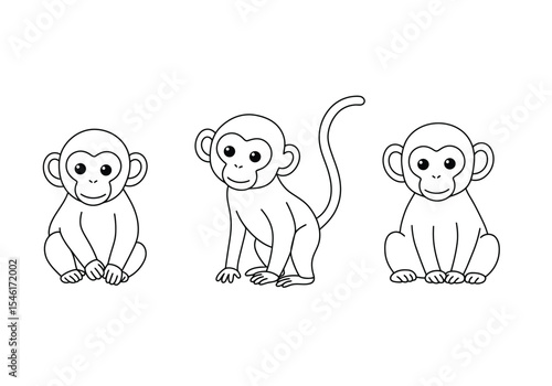 Three monkeys drawing. It is a charming black and white line art sketch depicting the three wise monkeys, embodying wisdom. Vector sketch line art draw.