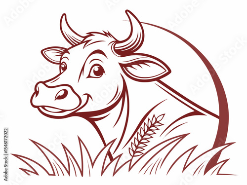 Brown Cow Head Logo in Grass with Wheat V E C T O R bull cattle