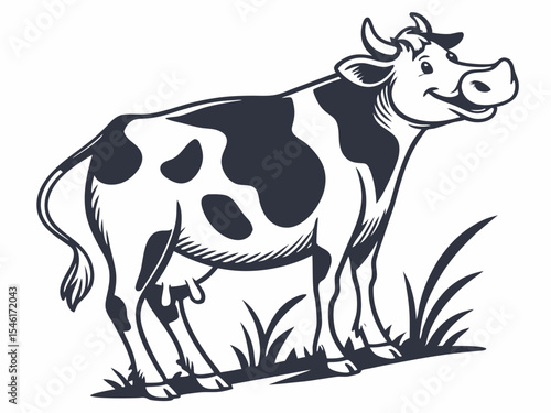 Happy Cow Logo Design Black and White V E C T O R Illustration Dairy Farm Animal Cartoon Style Isolated Cutout