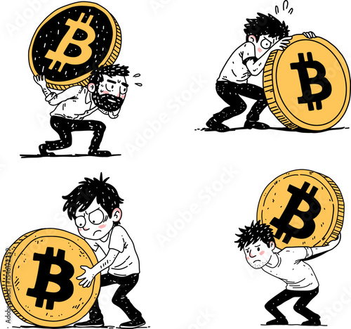 Set of a man carrying and struggling with a large bitcoin coin. Symbolizing financial burden, cryptocurrency volatility and investment risk.