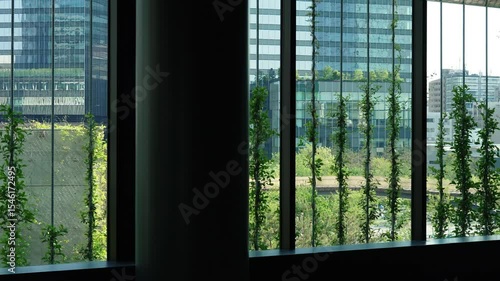Modern office interior looking out through architectural windows covered with green climbing vertical vine plants toward city skyscrapers.