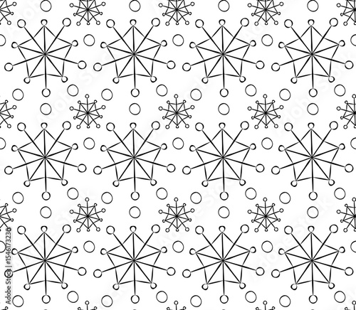 Snowflakes winter Seamless pattern. Vector graphic line ink illustration. Silhouette sign for logo, print, comics, fashion, pop art, boards, design, stickers, decoration, posters