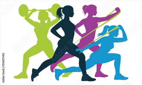 Silhouettes of women exercising with weights and resistance bands