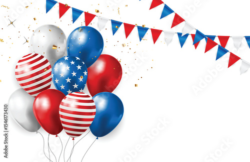 Red white and blue balloons and bunting isolated on white background