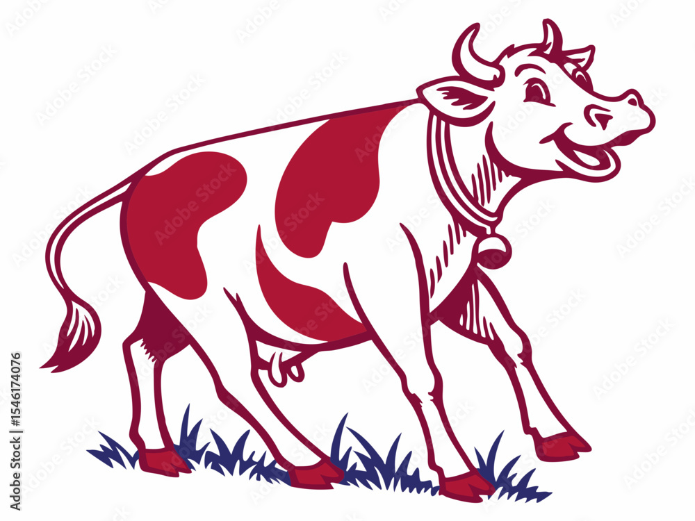 Fototapeta premium Happy Red and White Cow Logo V E C T O R Illustration on White Background Standing in Blue Grass vector